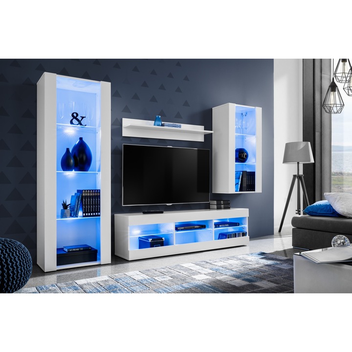 Set Mobila Living Tivoli Set Medio, Komodee, LED albastru, PAL, 195 x 159 x 35 cm, Alb/Alb