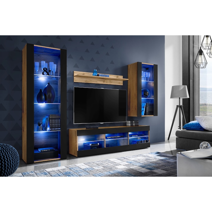 Set Mobila Living Tivoli Set Medio, Komodee, LED albastru, PAL, 195 x 159 x 35 cm, Wotan/Negru