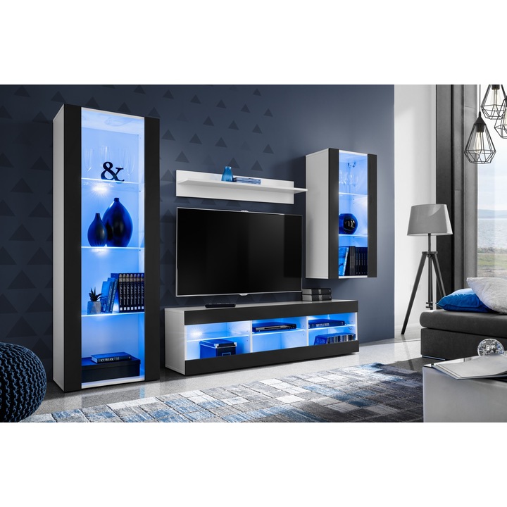 Set Mobila Living Tivoli Set Medio, Komodee, LED albastru, PAL, 195 x 159 x 35 cm, Alb/Negru