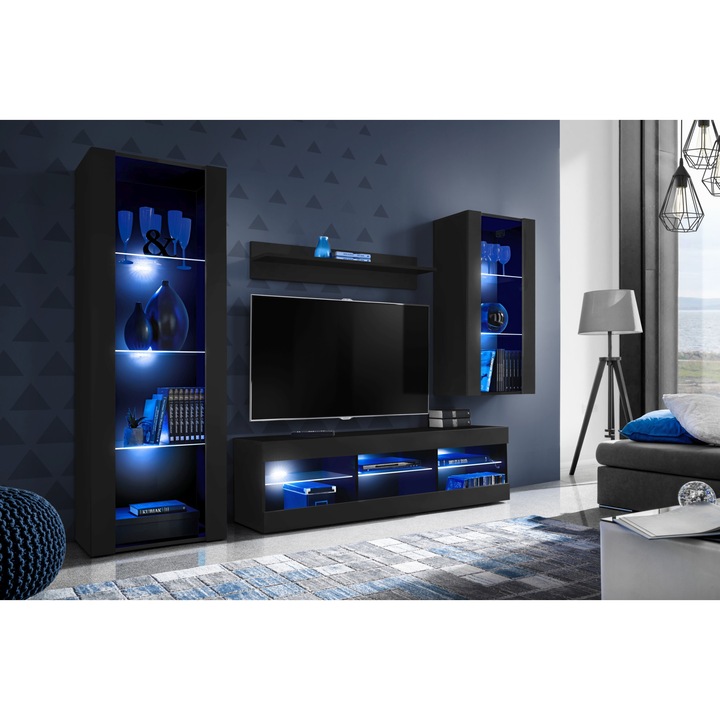 Set Mobila Living Tivoli Set Medio, Komodee, LED albastru, PAL, 195 x 159 x 35 cm, Negru/Negru