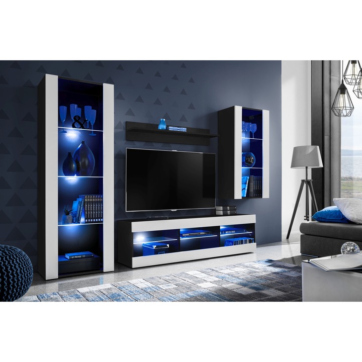 Set Mobila Living Tivoli Set Medio, Komodee, LED albastru, PAL, 195 x 159 x 35 cm, Negru/Alb