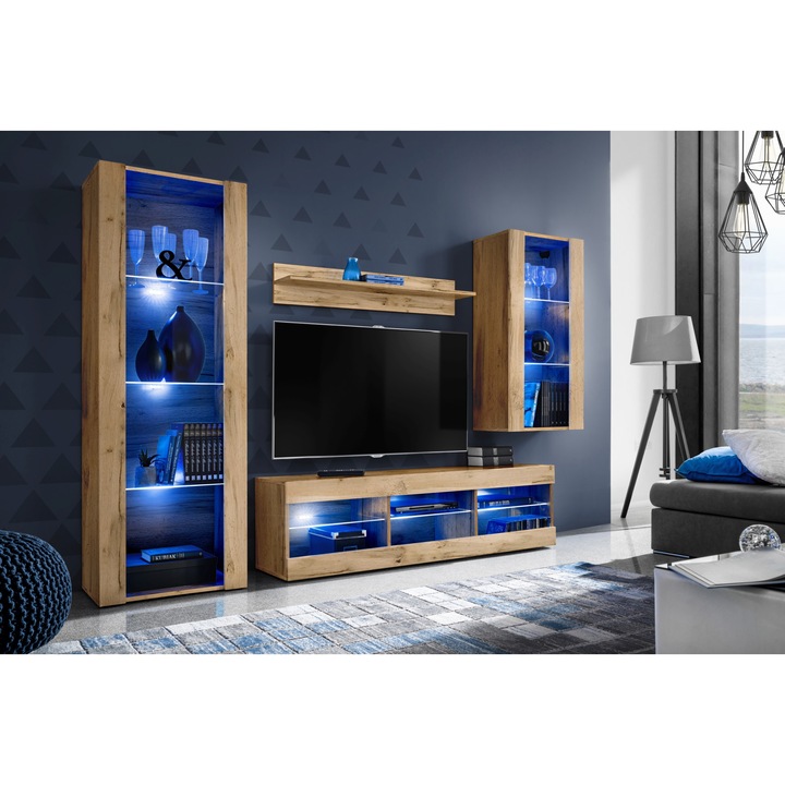 Set Mobila Living Tivoli Set Medio, Komodee, LED albastru, PAL, 195 x 159 x 35 cm, Wotan/Wotan