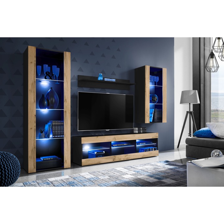 Set Mobila Living Tivoli Set Medio, Komodee, LED albastru, PAL, 195 x 159 x 35 cm, Negru/Wotan