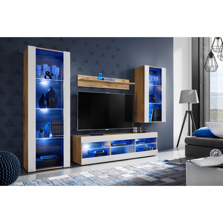 Set Mobila Living Tivoli Set Medio, Komodee, LED albastru, PAL, 195 x 159 x 35 cm, Wotan/Alb
