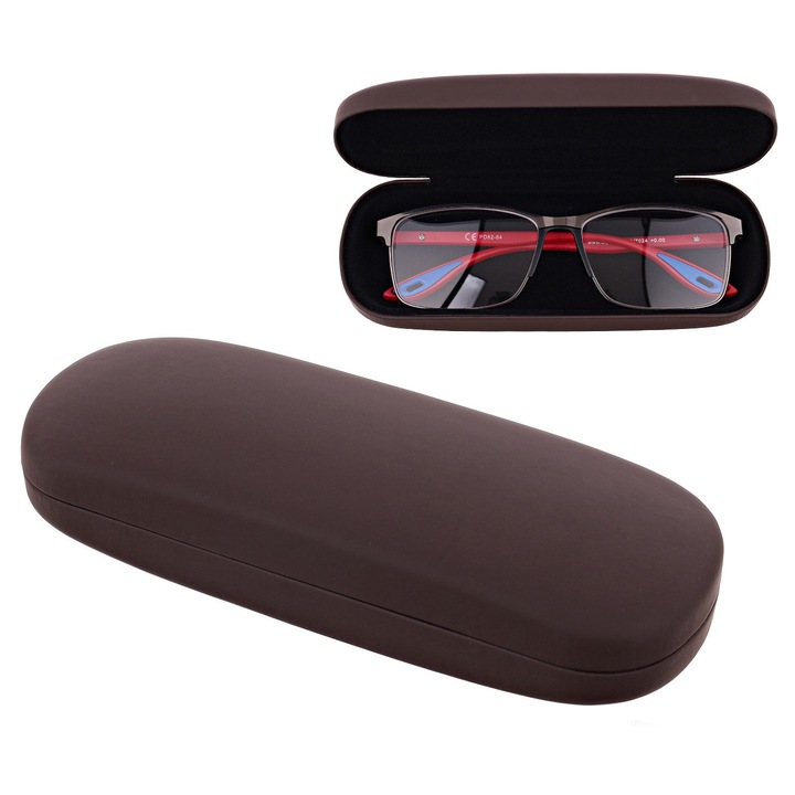 Husa rigida pentru ochelari vedere si soare, maro inchis, compacta, protectie rezistenta, dimensiuni 16.3x3.9x6.3cm, ideala calatorii, model universal, accesoriu elegant si practic pentru organizarea sigura a ochelarilor