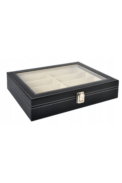 Organizator pentru ochelari, Piele ecologica, 8 compartimente, 34 x 24.5 x 7.5 cm, Negru/Bej