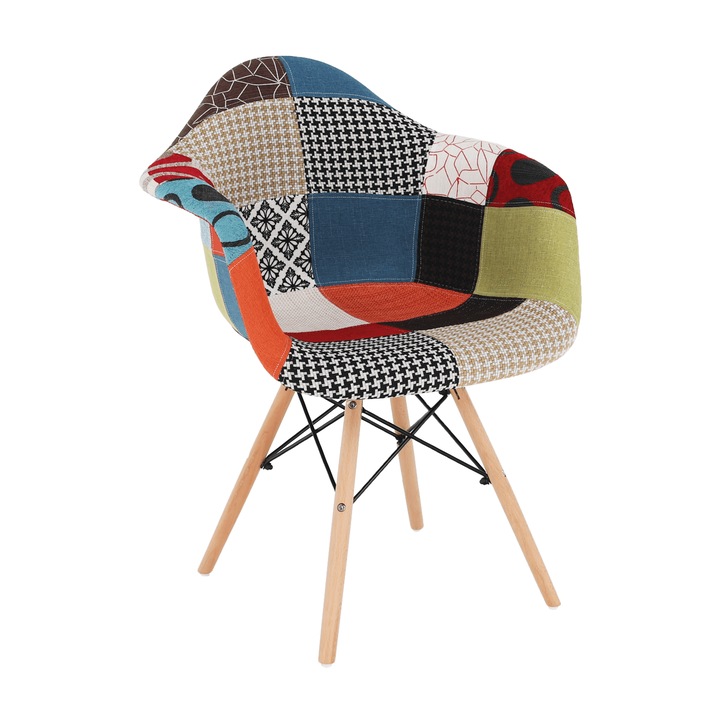 Scaun cu model patchwork, din lemn de fag, crom, tapiterie multicolora, eleganta, sezut confortabil, design modern, living, spatii comerciale, bucatarie, de design, 63x60x83 cm