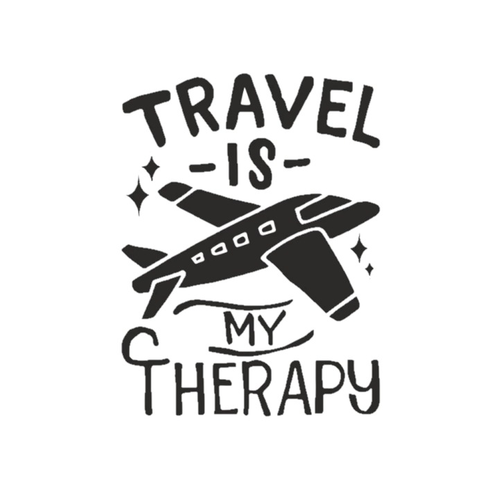 Sticker decorativ pentru troler, travel is my therapy, negru, 30 x 30 cm