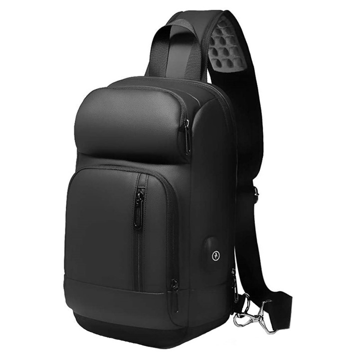 Váll-, mell- vagy kézitáska, USB töltőporttal, Escalate, 33x20x9 cm, fekete