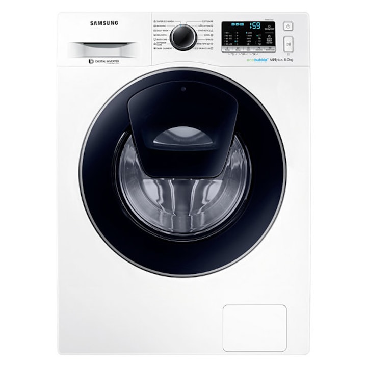 Masina de spalat rufe Slim Samsung Add-Wash WW80K5210VW/LE, 8 kg, 1200 RPM, Eco Bubble, Clasa A+++, 60 cm, Alb