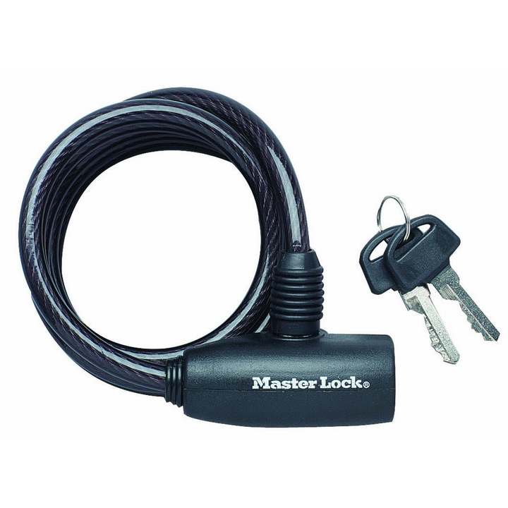 Спирален кабел против кражба MasterLock с ключ 1.8mx 8mm Черен
