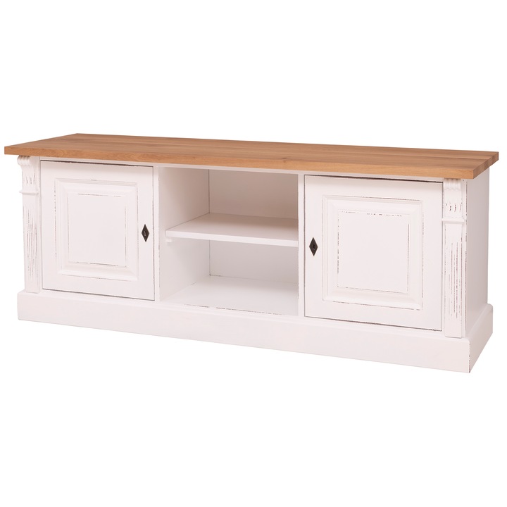 Comoda 2 usi si rafturi deschise, blat stejar, vopsit, culoare alb antichizat, top maro, 100% lemn masiv