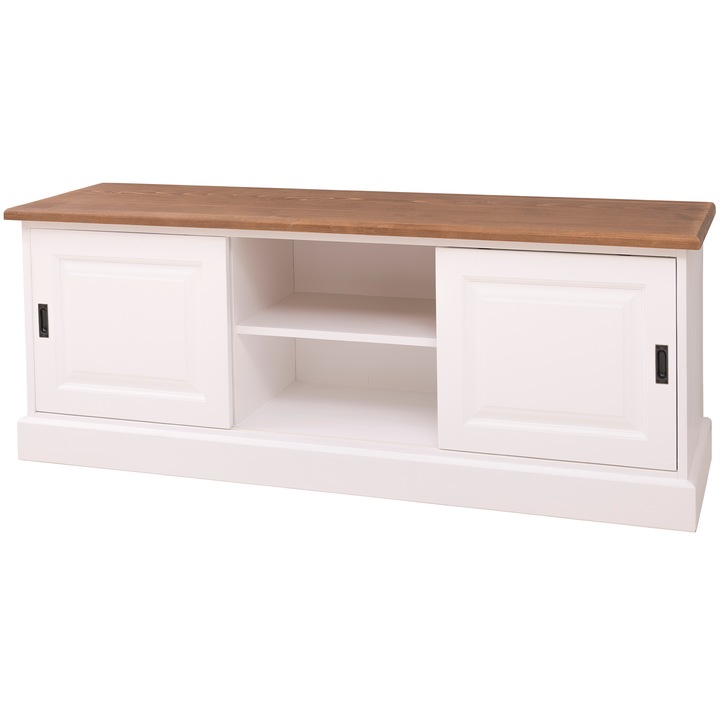 Comoda TV cu 2 usi glisante, vopsit, culoare alb, top maro, 100% lemn masiv