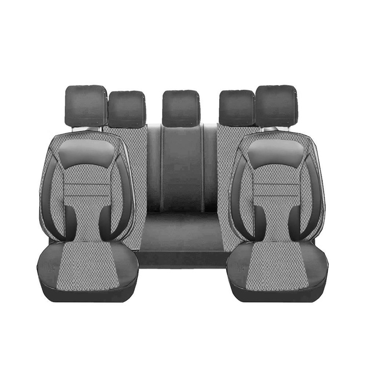 DeluxeBoss Комплект калъфи за автомобилни седалки, плат с екологична кожа, за частично сгъваема пейка, черен и сив, 11 части