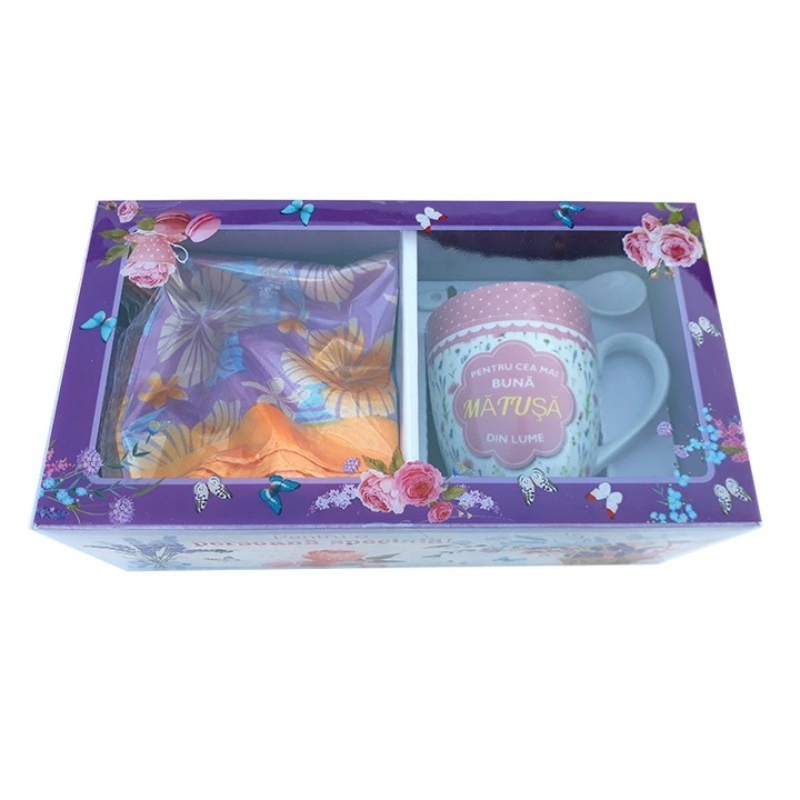 Set esarfa din material textil si cana din ceramica cu lingurita cu dedicatie pentru matusa, M2, 23x8x12 cm