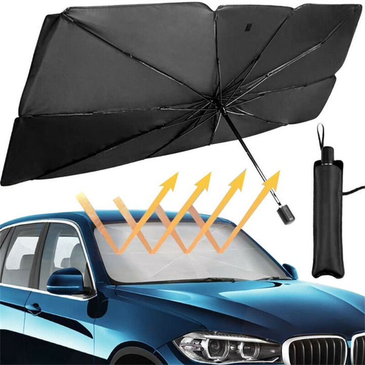 Parasolar Auto Pliabil SIKS, pentru Masina, in Forma de Umbrela, Negru-Argintiu, Rezistent UV