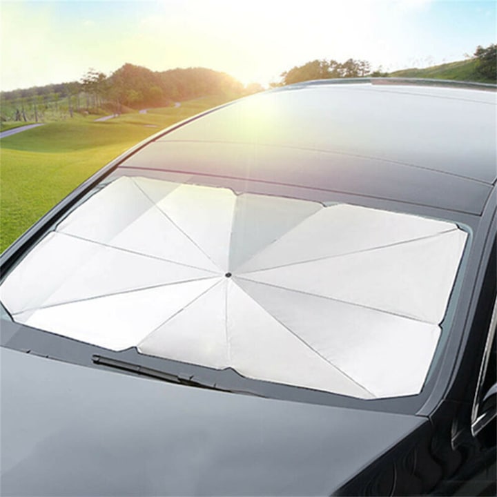 Parasolar Auto Pliabil SIKS, pentru Masina, in Forma de Umbrela, Negru-Argintiu, Rezistent UV