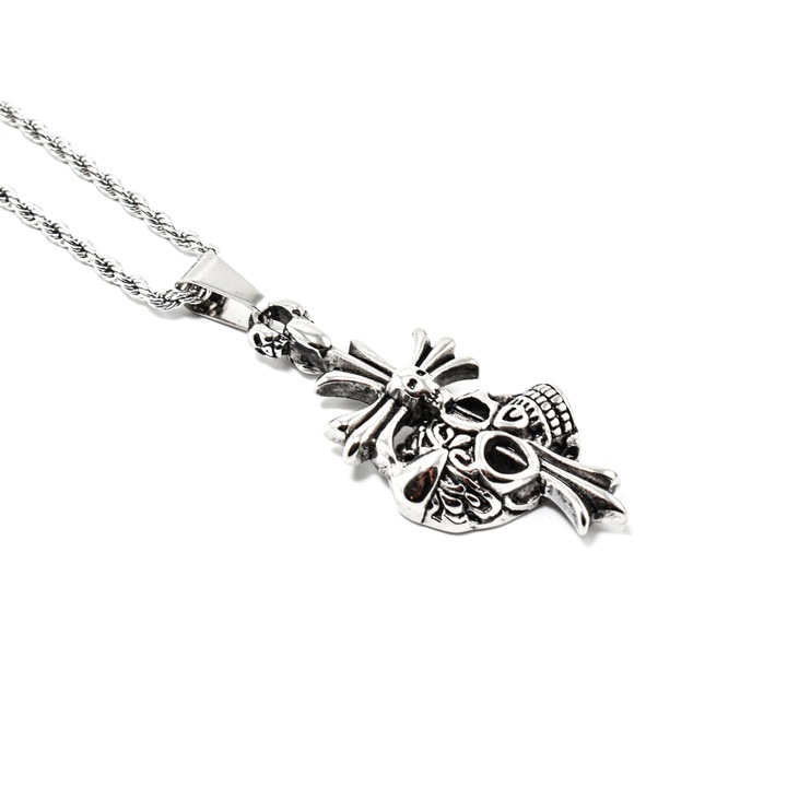 Lant barbati din otel inoxidabil cu pandantiv sub forma de cruce cu cranii