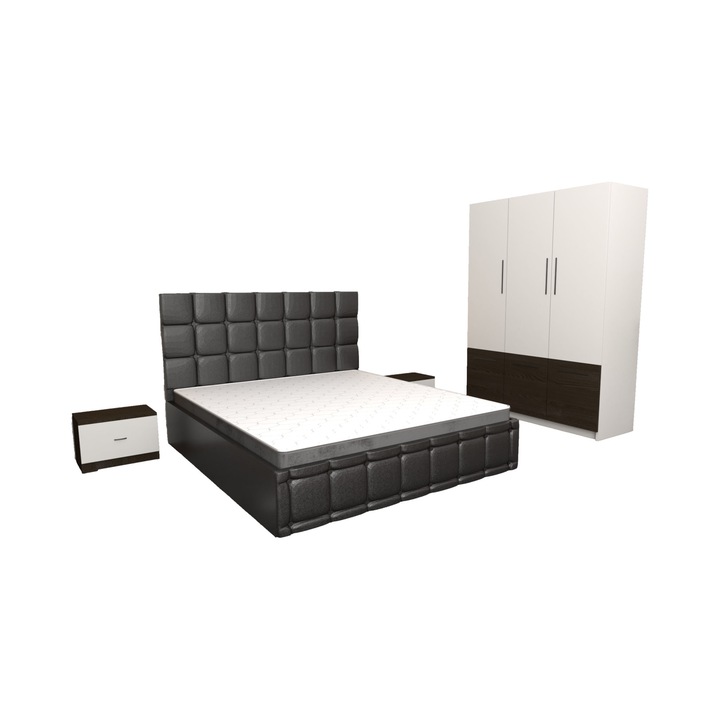 Set Dormitor Regal Negru cu Dulap David Alb Wenge 6 usi 150x200x61 cm, Pat Matrimonial Negru Tapitat din piele ecologica 140 x 200 cm si Noptiere Alb Wenge 44x32x23 cm