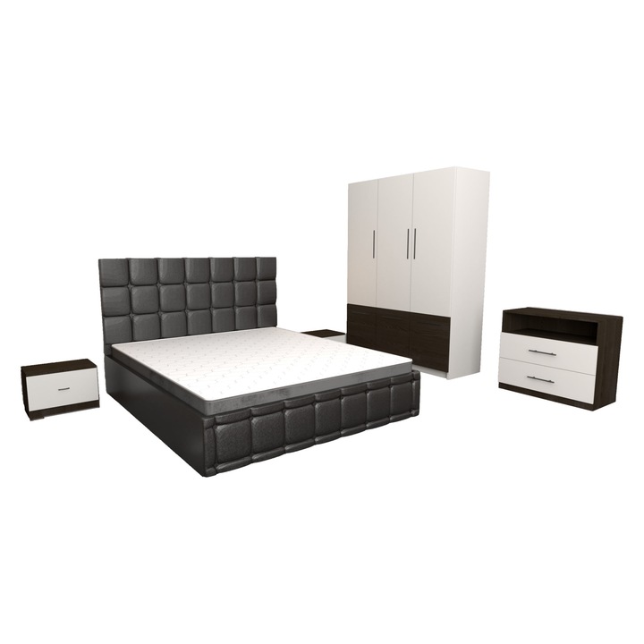 Set Dormitor Regal Negru cu Comoda Alb Wenge 83x42x71, Pat Matrimonial Tapitat Negru din piele ecologica 160 x 200 cm, Dulap David Alb Wenge 6 usi 150x200x61 cm si Noptiere Alb Wenge 44x32x23 cm