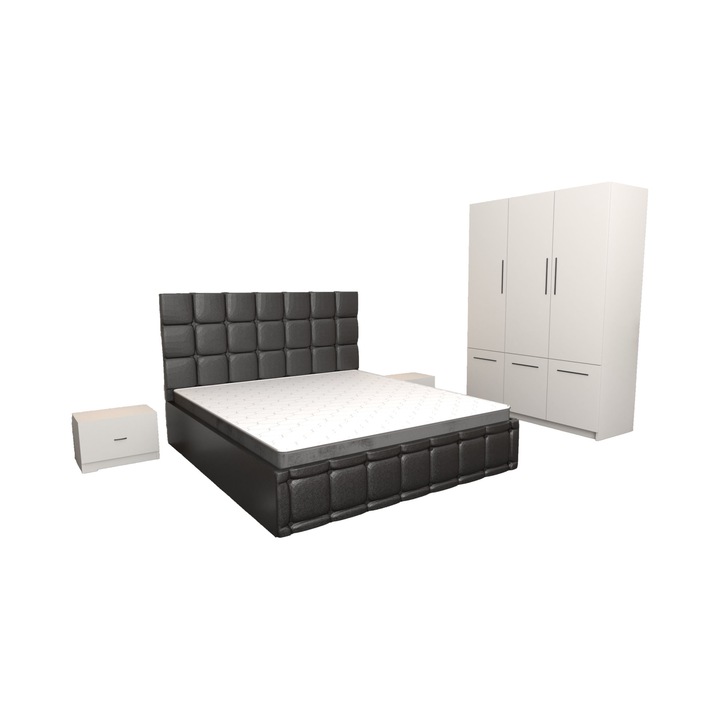 Set Dormitor Regal Negru cu Dulap David Alb 6 usi 150x200x61 cm, Pat Matrimonial Tapitat Negru din piele ecologica 140 x 200 cm si Noptiere Albe 44x32x23 cm