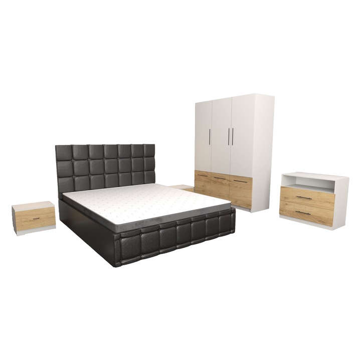 Set Dormitor Regal Negru cu Comoda Stejar Auriu Alba 83x42x71, Pat Matrimonial Tapitat Negru din piele ecologica 160 x 200 cm, Dulap David Alb Stejar Auriu Alb 6 usi 150x200x61 cm si Noptiere Stejar Auriu Albe 44x32x23 cm