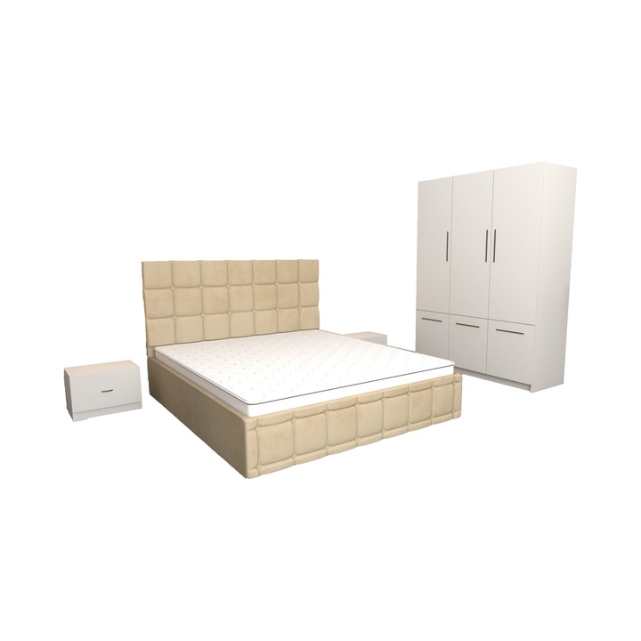 Set Dormitor Regal Bej cu Dulap David Alb 6 usi 150x200x61 cm, Pat Matrimonial Bej Tapitat din stofa 160 x 200 cm si Noptiere Albe 44x32x23 cm