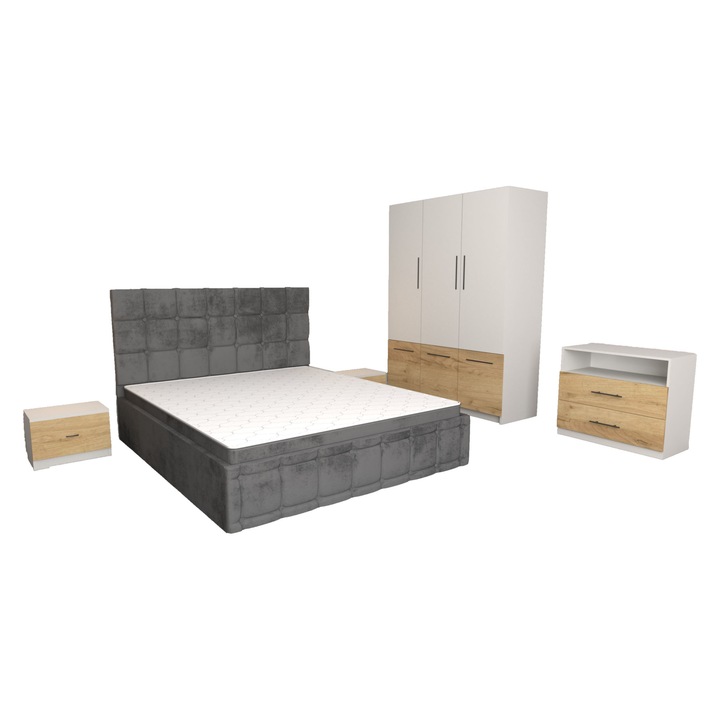 Set Dormitor Regal Gri cu Comoda Stejar Auriu Alba 83x42x71, Pat Matrimonial Tapitat Gri din Stofa 140 x 200 cm, Dulap David Stejar Auriu Alb 6 usi 150x200x61 cm si Noptiere Stejar Auriu Albe 44x32x23 cm