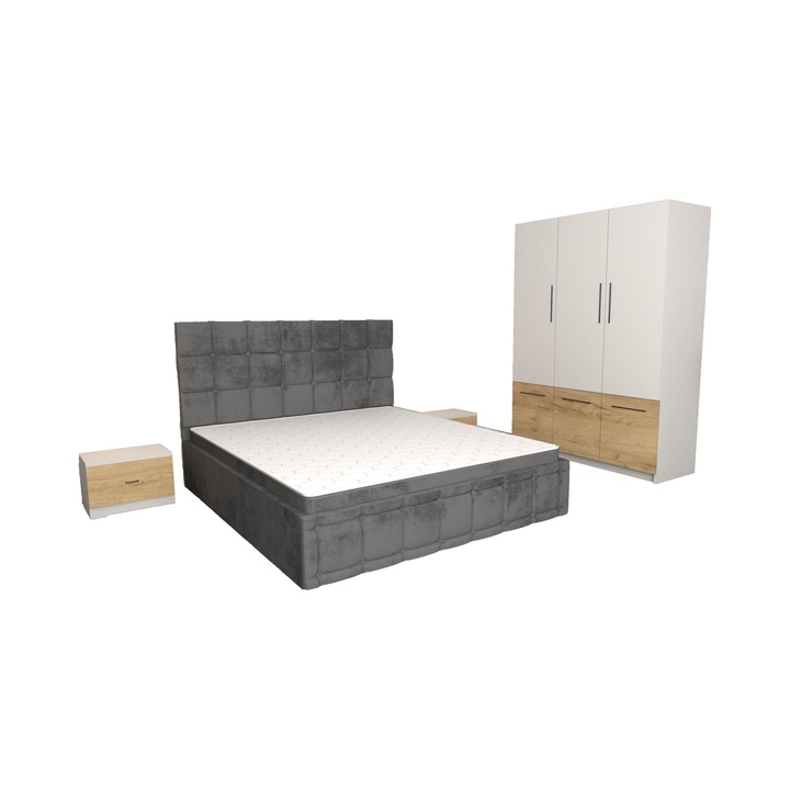 Set Dormitor Regal Gri cu Dulap David Stejar Auriu Alb 6 usi 150x200x61 cm, Pat Matrimonial Gri Tapitat din stofa 140 x 200 cm si Noptiere Stejar Auriu Albe 44x32x23 cm
