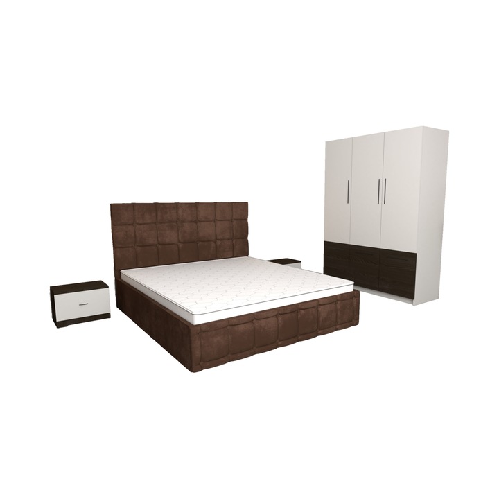 Set Dormitor Regal Maro cu Dulap David Alb Wenge 6 usi 150x200x61 cm, Pat Matrimonial Maro Tapitat din stofa 140 x 200 cm si Noptiere Alb Wenge 44x32x23 cm