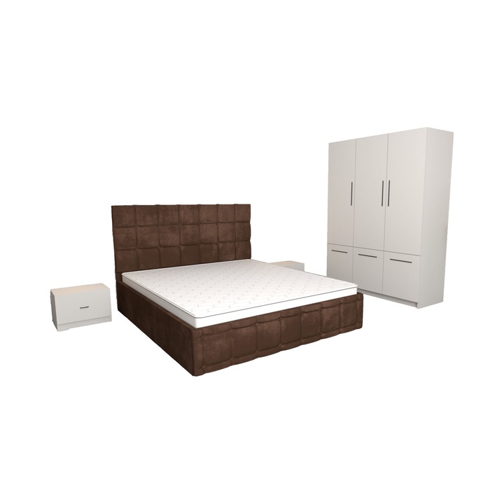 Set Dormitor Regal Maro cu Dulap David Alb 6 usi 150x200x61 cm, Pat Matrimonial Maro Tapitat din stofa 160 x 200 cm si Noptiere Albe 44x32x23 cm