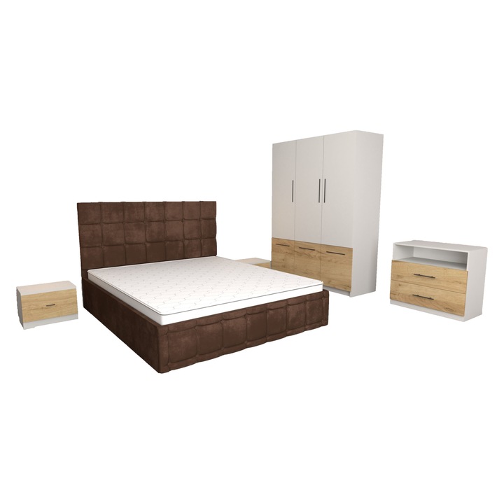 Set Dormitor Regal Maro cu Comoda Stejar Auriu Alba 83x42x71, Pat Matrimonial Tapitat Maro din Stofa 160 x 200 cm, Dulap David Alb Stejar Auriu Alb 6 usi 150x200x61 cm si Noptiere Stejar Auriu Albe 44x32x23 cm