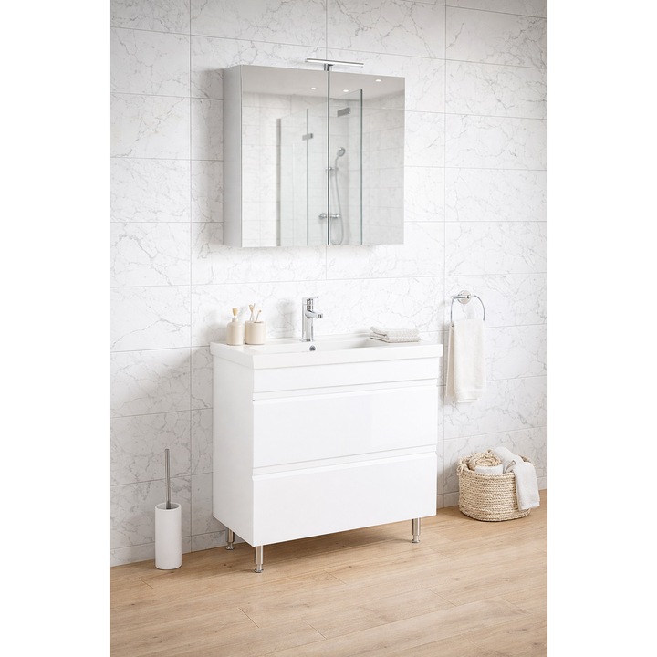 Set baza cu lavoar si dulap cu oglinda si dulap baie, Badenmob, seria 786, 80x46cm, Alb