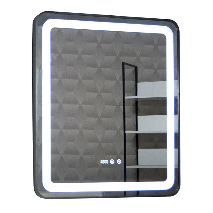 Огледало за баня Badenmob с LED осветление, Функция против запотяване, Часовник, Дата и термометър, 70x80 см, Черна рамка, Енергиен клас G