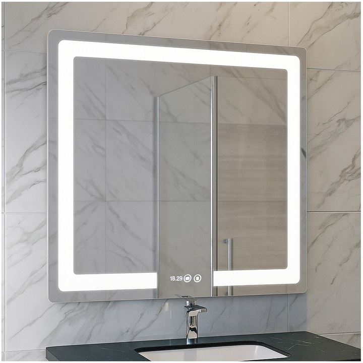 Oglinda baie cu iluminare LED Badenmob 17995, functie dezaburire, ceas, data si termometru, MD1, 80x80cm