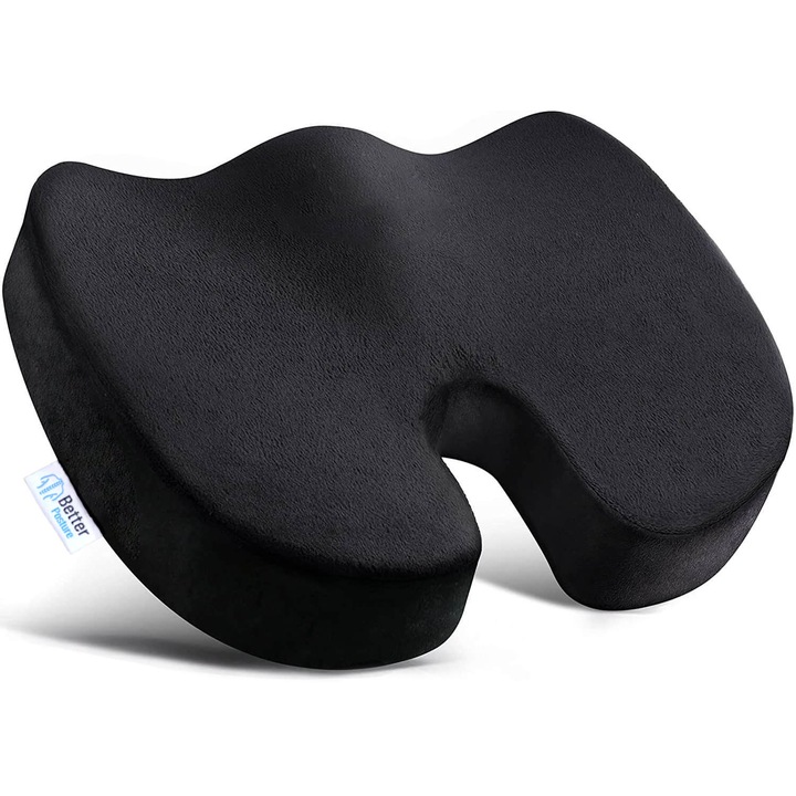 Perna ortopedica pentru sezut din spuma cu memorie Better Posture Pro, Negru, Greutate peste 80kg, 46 x 37 x 8 cm