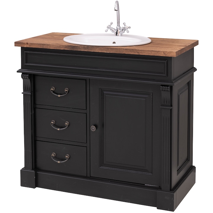 Dulap baie ornamentat pentru lavoar cu 3 sertare si 1 usa, vopsit, culoare negru, top maro, 100% lemn masiv, 103x51x91 cm