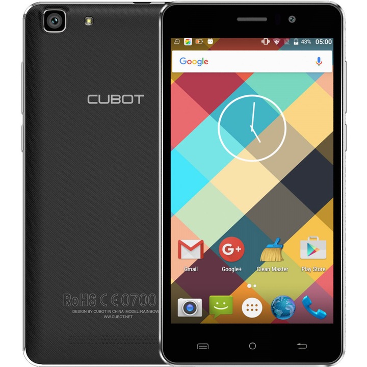 Telefon Mobil CUBOT Rainbow, Dual SIM, 5" HD IPS, Quad-Core, 16GB, 13 MPx, LED Notificare, Android 6.0, Negru, BUNDLE (include Husa Silicon) +BONUS: Husa Flip
