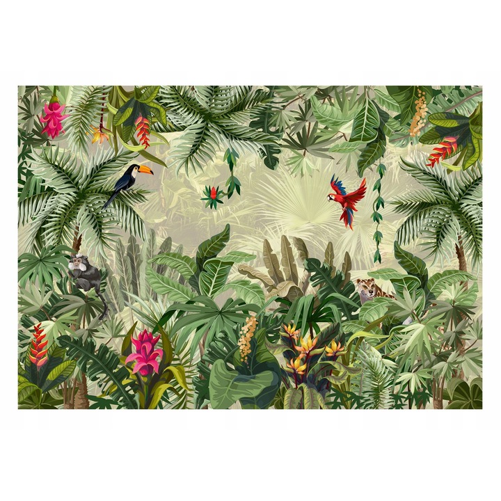 Fototapet Padure Jungla Animale Frunze Natura 368x254 cm, Modern Vlies Tapet, Pentru Dormitor Camera De Zi Living