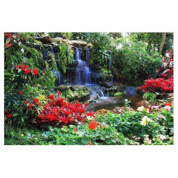 Fototapet 3D Cascada Flori Padure Verde Peisaj 368x254 cm, Modern Vlies Tapet, Pentru Dormitor Camera De Zi Living