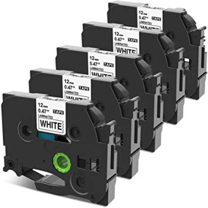Set 5 casete etichete autocolante compatibile Brother 12mm x 8m negru/alb TZ-231/TZe-231