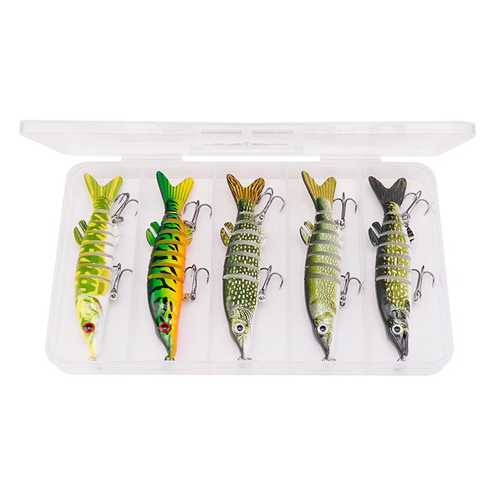 Комплект от 5 съчленени примамки за щука, 8 сегмента, Fishingbox, 10 см, 8,7 гр, потъващи, многоцветни