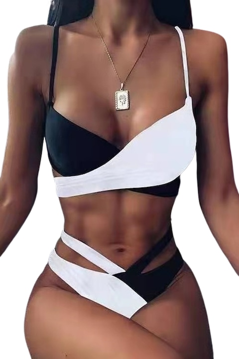 Costum de baie dama, NEVERMORE, Bikini slip clasic si sutien fashion, 2 piese, Alb/Negru