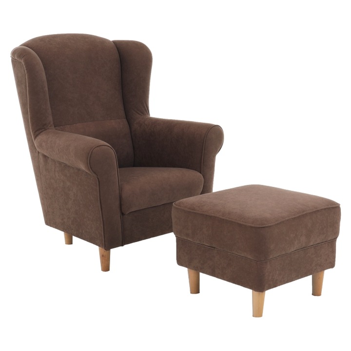 Fotel és zsámoly szett, barna textil kárpitozás, Astrid, 86x72x105 cm, 53x53x42 cm