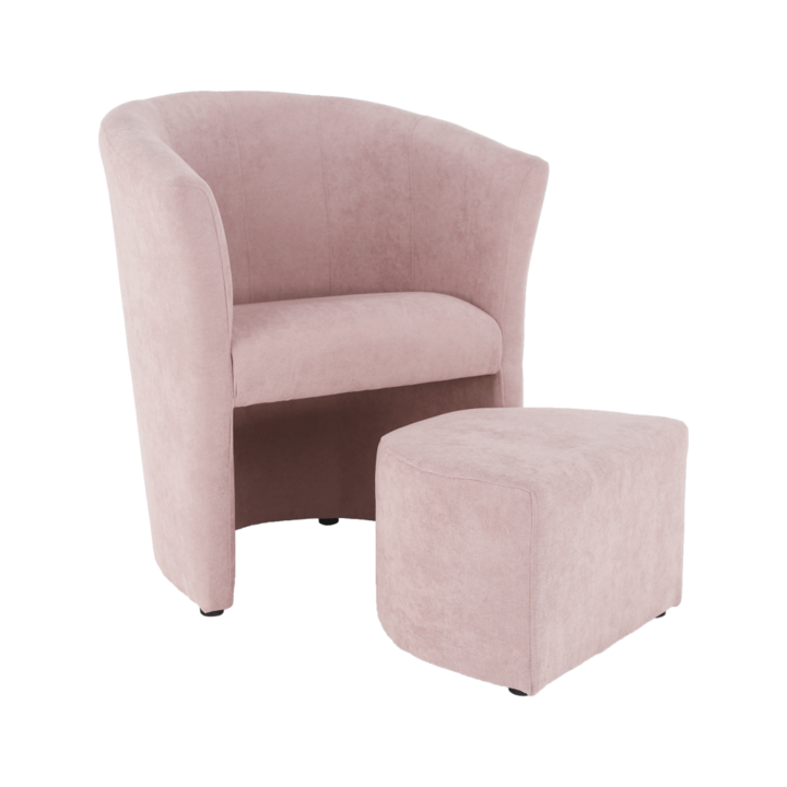 Fotoliu cu taburet, roz pudra, tapitat, de design, living, dormitor, club, PAL, MDF, 66x60x77 cm