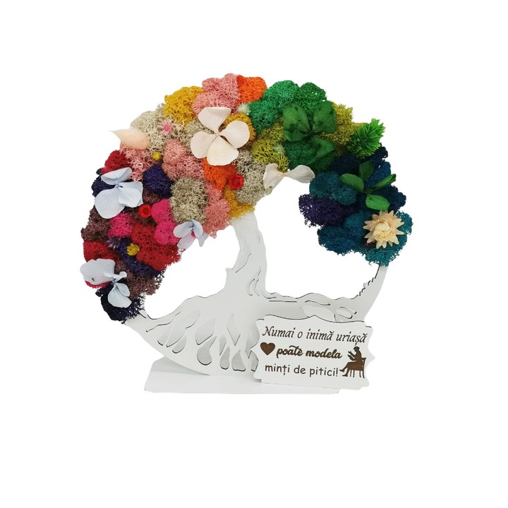 Decoratiune Copacul vietii gravat - Inima uriasa, decorat cu licheni si flori uscate si criogenate, Cadou pentru invatatoare / educatoare, Lemn, 20 cm