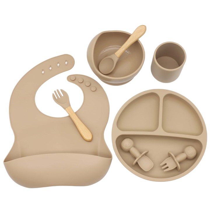 Set Complet Diversificare din Silicon, Farfurie cu Tacamuri, Bavetica, Cana-Pahar, Bol cu Lingura si Furculita, Bej