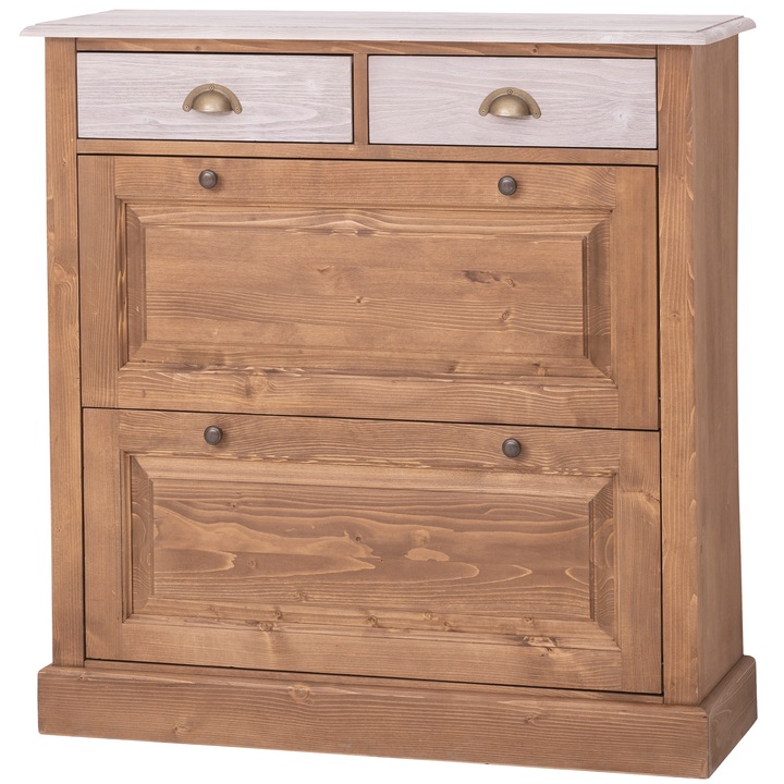 Pantofar cu 2 usi, 2 sertare, vopsit, culoare maro, top gri deschis, 100% lemn masiv