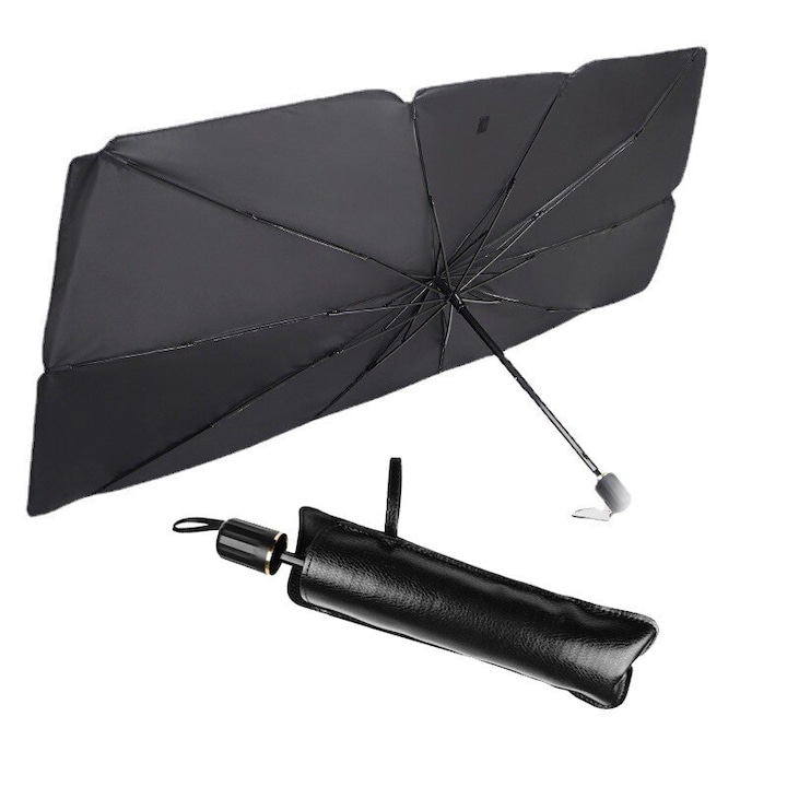 Сгъваем автоматичен сенник, за кола, форма на чадър, 125 x 65 см, UV устойчив, черно-сребрист