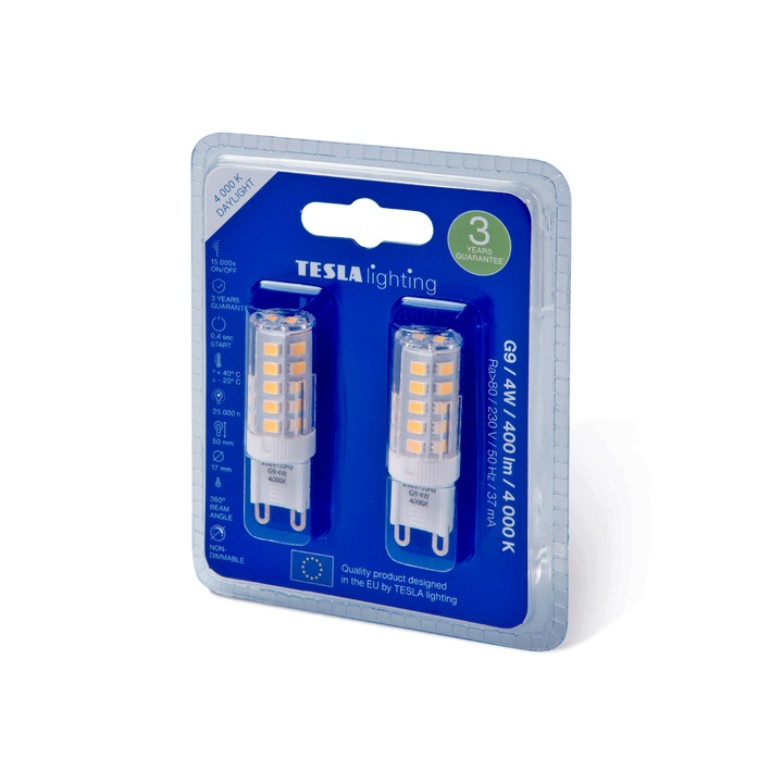 Комплект Led крушки, TESLA Lighting, G9, 4W, 230v, 400lm, 4000K, 360 градуса, 2 бр.